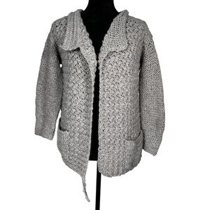Gray Hand Knit Wool Cardigan Sweater Open Shawl Collar Handmade Artisan